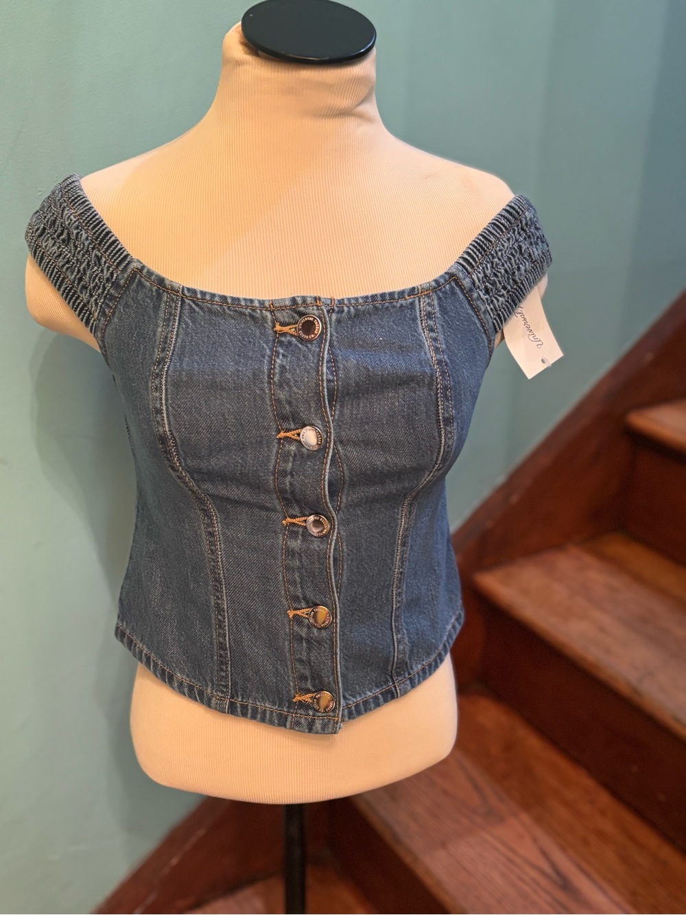 Off-Shoulder Denim Button-Front Women’s Top - Blue denim